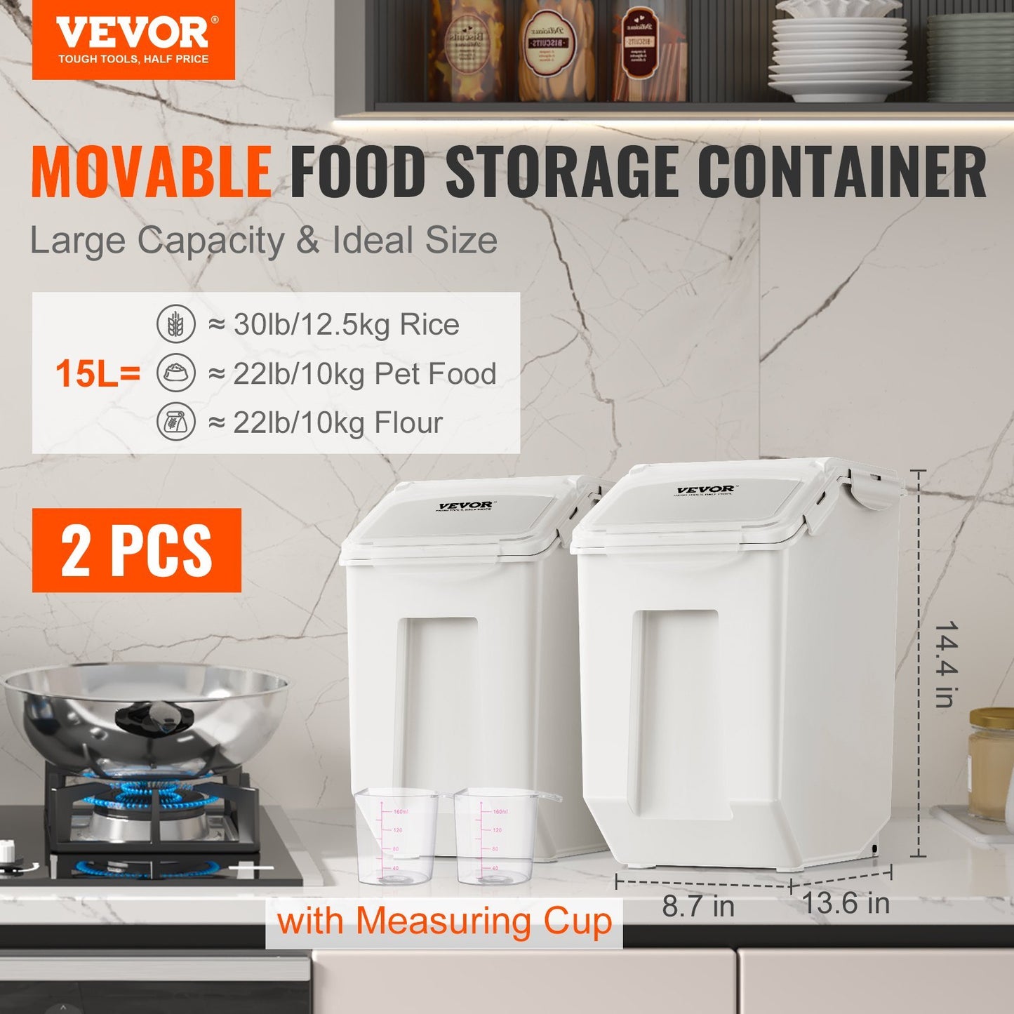 Ingredient Storage Bin, 2 X 15L Dispenser Bin With 2 Measuring Cups, Attachable Casters And Airtight Lid, Dog Pet Food Storage Container, PP Material Kitchen Rice Cereal Flour Bin