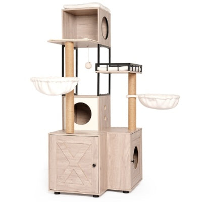 63 Multi-Functional Cat Tree With Litter Box - Includes Removable Washable Cushion, Scratching Posts  Toy Hanger, Modern Design, Rustic Gray