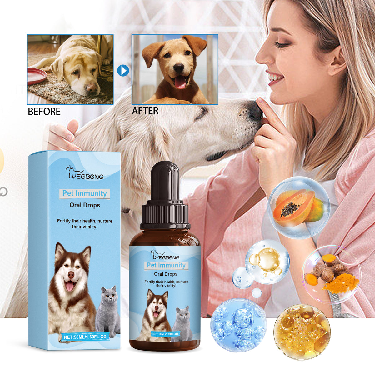 Pet Immune Support Oral Drops for Dogs & Cats | Skin, Gut & Coat Health