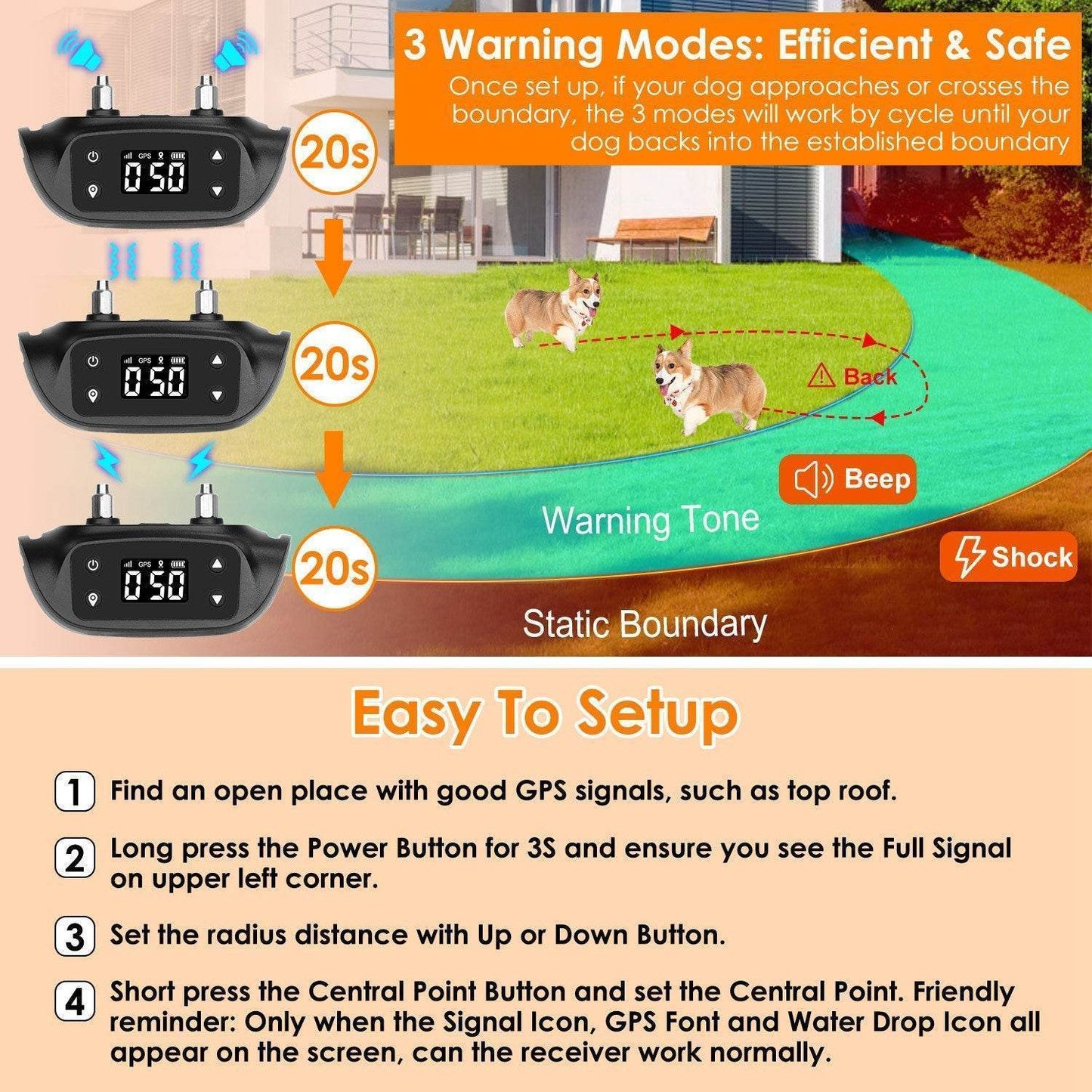 2 In 1 Dog GPS Fence Tracker Wireless GPS Dog Fence GPS Dog Collar With 32-2887FT Radius IPX6 Waterproof For Small Medium Large Dogs - Immense Plus More