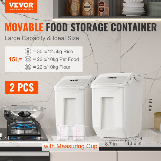 Ingredient Storage Bin, 2 X 15L Dispenser Bin With 2 Measuring Cups, Attachable Casters And Airtight Lid,   Dog Pet Food Storage Container, PP Material Kitchen Rice Cereal Flour Bin