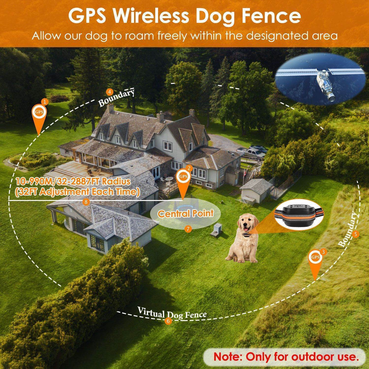2 In 1 Dog GPS Fence Tracker Wireless GPS Dog Fence GPS Dog Collar With 32-2887FT Radius IPX6 Waterproof For Small Medium Large Dogs - Immense Plus More