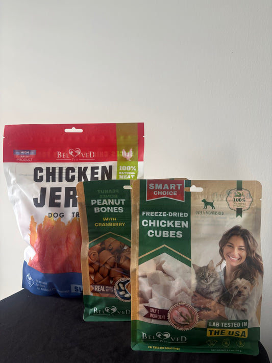 Beloved Bundle Pack | Chicken Jerky, Peanut Bones & Freeze-Dried Cubes