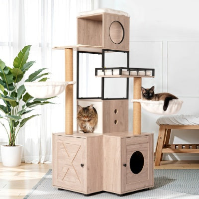 63 Multi-Functional Cat Tree With Litter Box - Includes Removable Washable Cushion, Scratching Posts  Toy Hanger, Modern Design, Rustic Gray
