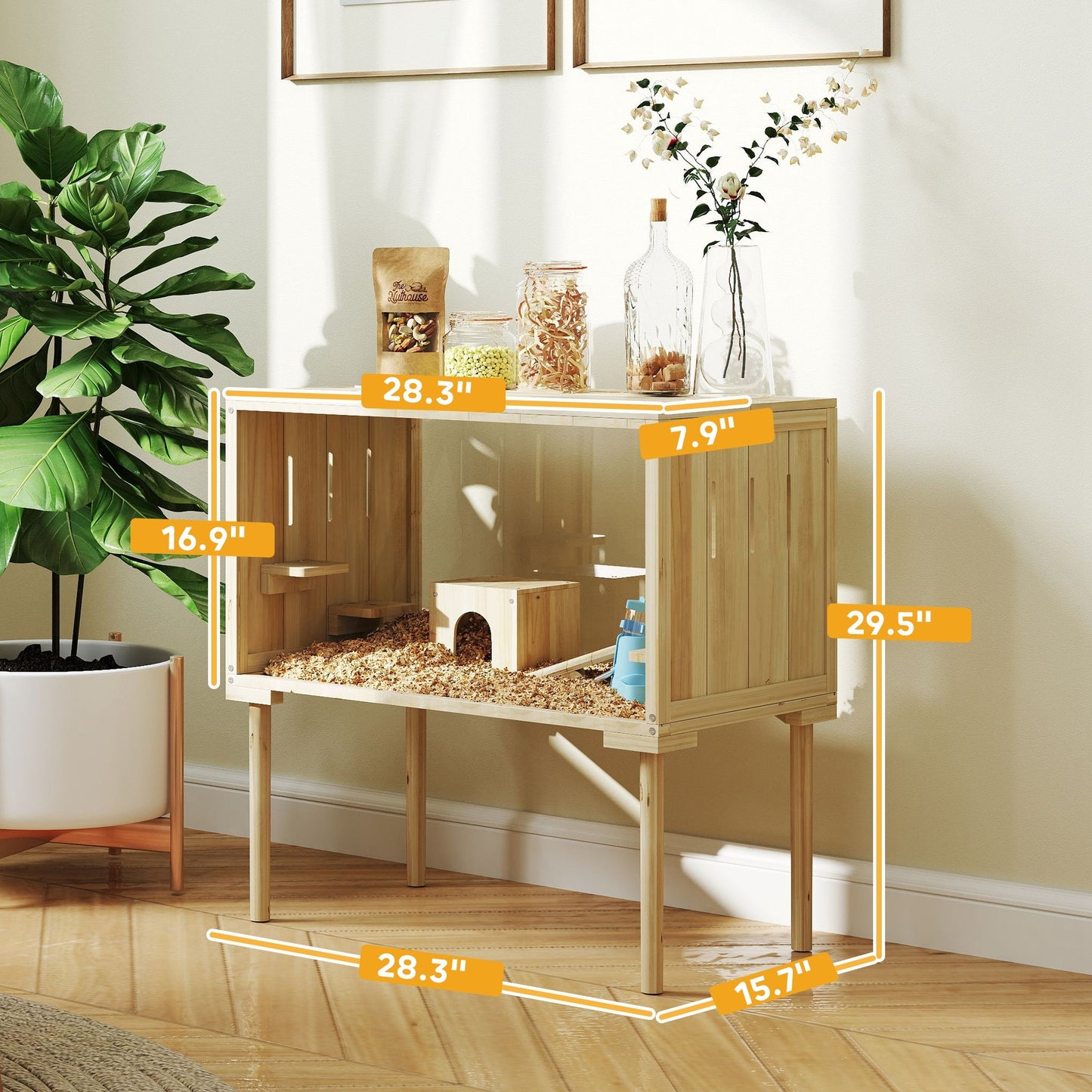 Wooden Hamster Cage With Legs, Gerbil Cage For Syrian, Dwarf, Mouse, 28 X 16 X 29.5, Nature Wood